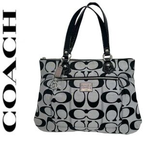 Coach Poppy Signature Glam Tote Gray Black Op Art Canvas Shoulder Bag NWOT $498